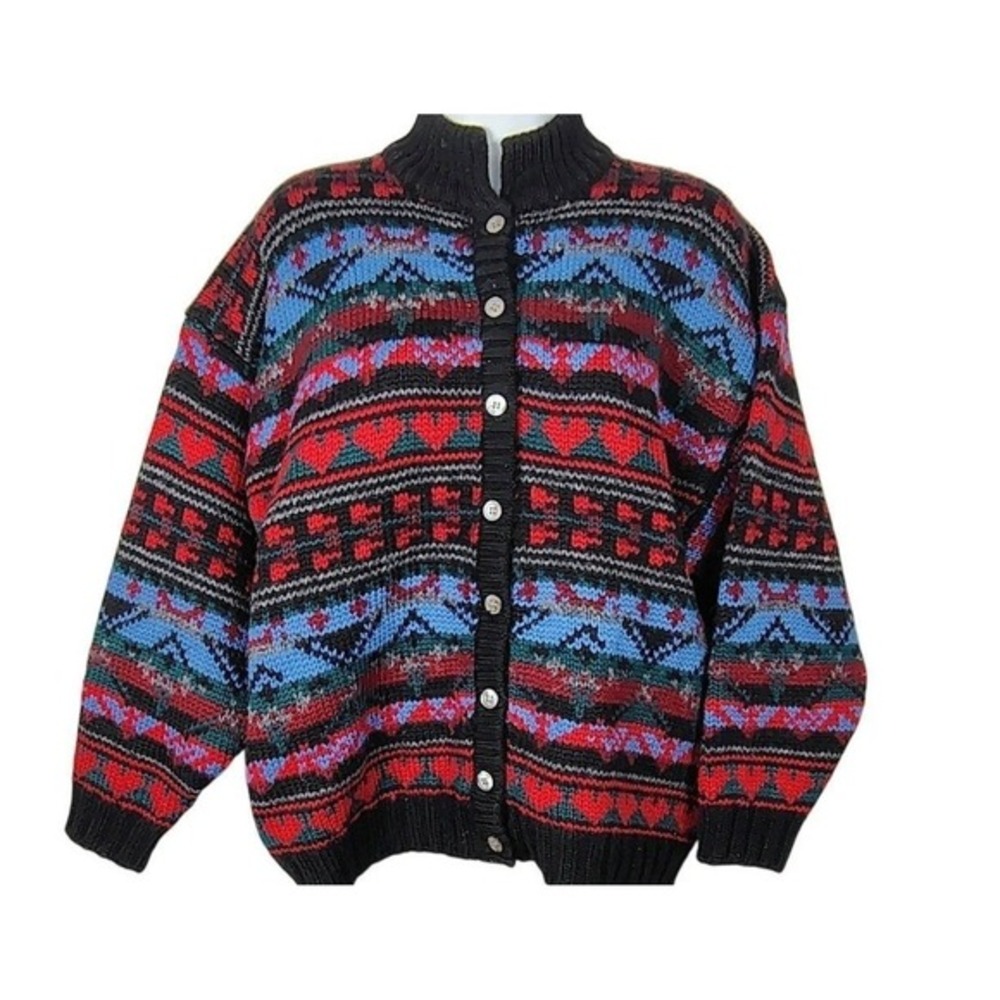 Aston Vintage 100% Wool Fair Isle Heart Cardigan Sweater cottagecore chunky knit